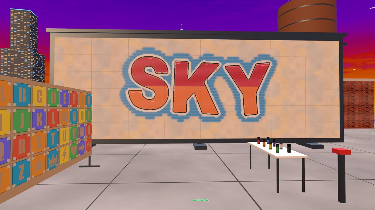 A graffiti piece reading SKY on a rooftop billboard at sunset beside a stencil board and a table of spray cans