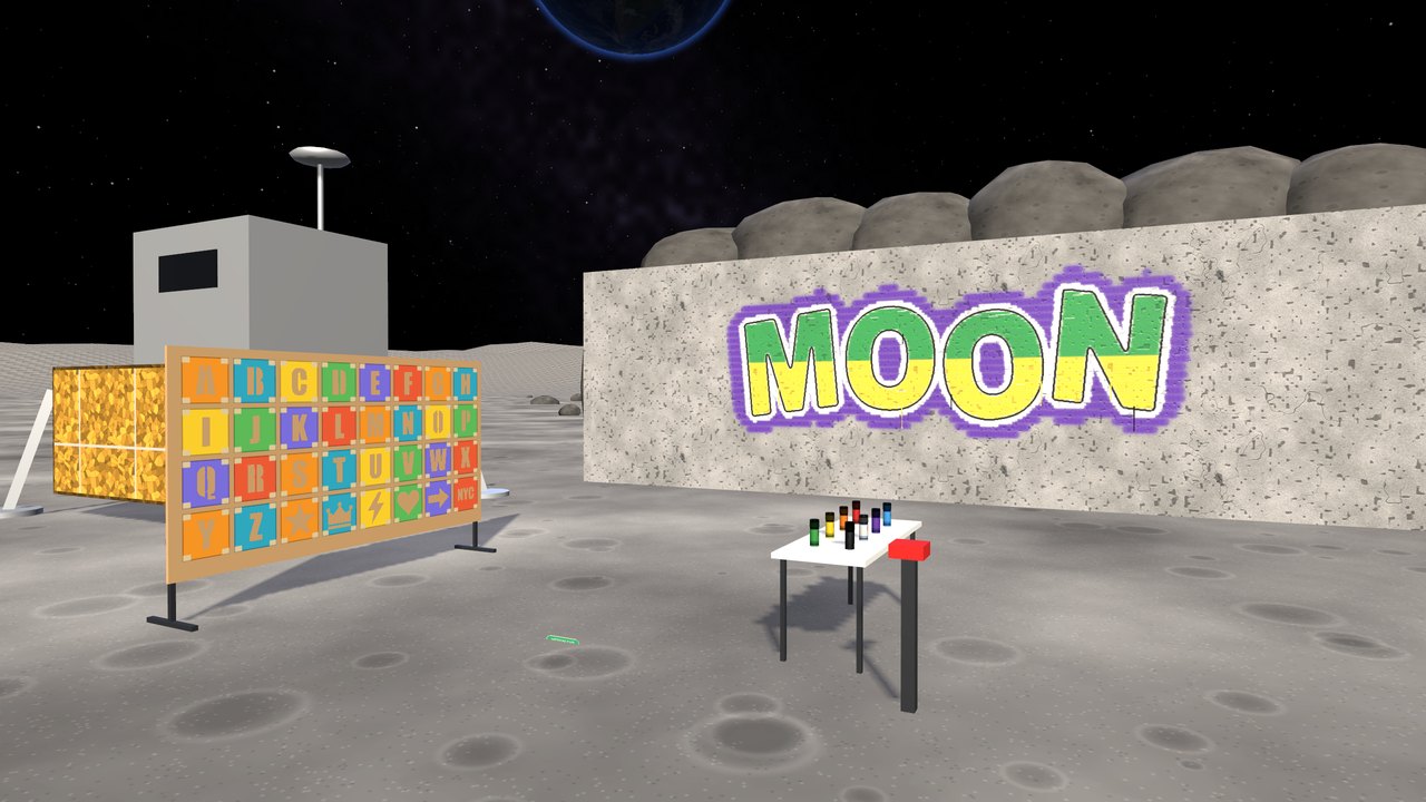 A graffiti piece reading MOON on a rock cliff on the Moon with a lunar lander